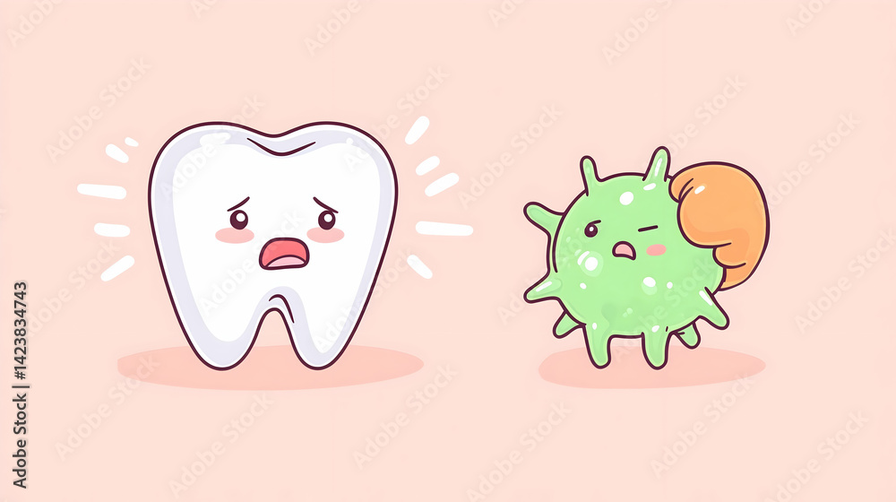 Fototapeta premium Anxious cartoon tooth facing a germ