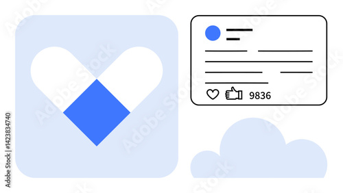 Heart shape, social profile card with thumbs ups and comments, cloud icon. Ideal for social media, engagement, interaction, branding, marketing, analytics simple landing page