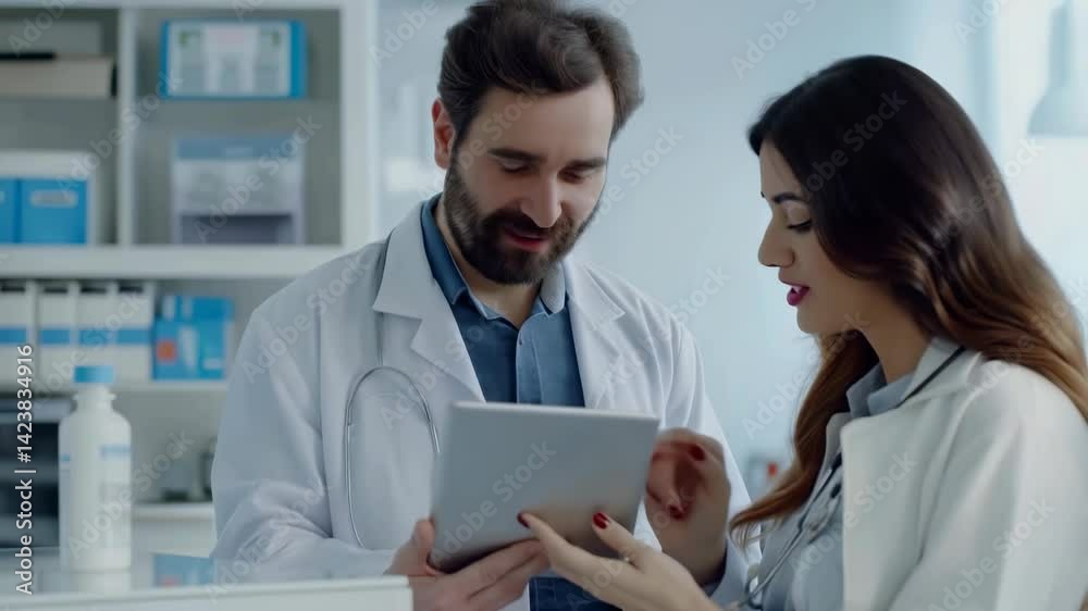 Two doctors, a man and a woman, are collaborating in a clinic setting, using a tablet to review data. They are dressed in white coats and appear to be discussing patient information or research. Two doctors, a man and a woman, are collaborating in a clinic setting, using a tablet to review data. They are dressed in white coats and appear to be discussing patient information or research.
