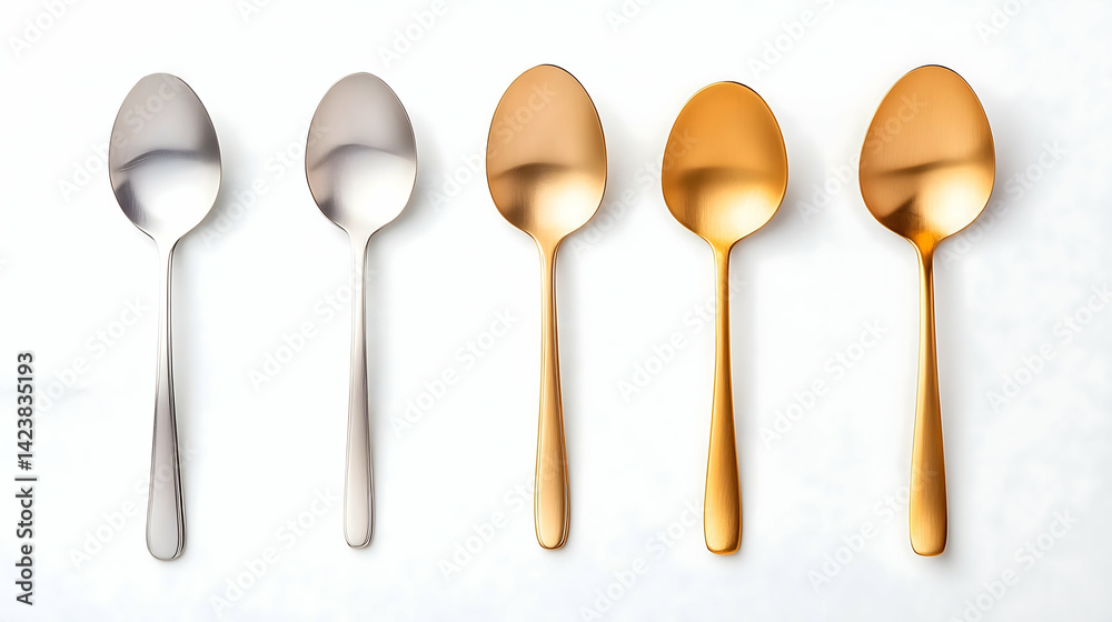 Five spoons in varying metallic finishes arranged in a row on a white background