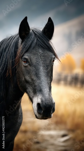Majestic black horse stands gracefully in a golden field during early morning light