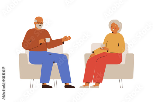 senior couple talking over a cup of tea sitting in armchairs. grandpa and grandma spending time together in conversation at home. communication and support for elderly people.vector illustration