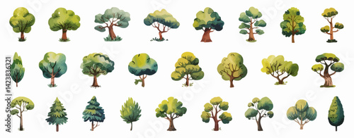 Side View Watercolor Tree Vector Botanical Element for Garden, Landscape Architecture, Section Drawings, and Environmental Illustrations

