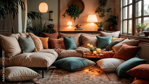 Cushions piled high soft lighting and warm tones everywhere
