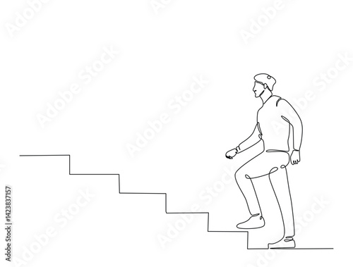 Continuous one line drawing of success business man walk on stair.  Business concept growth and the progress to success illustration. Editable vector.