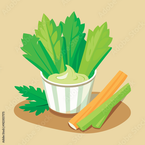 Celery sticks with dip in a cup.