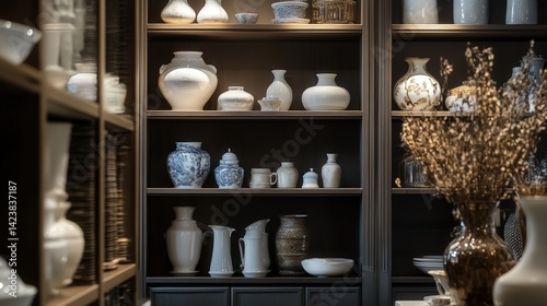 Wallpaper Mural A chic interior with luxurious ceramics lining the shelves, each piece reflecting the light and adding a sense of refinement to the space Torontodigital.ca