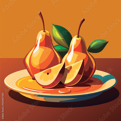 Two pears and slices on a plate.