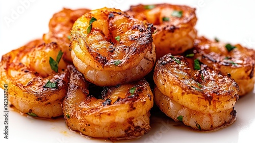 Crispy Spanish gambas al ajillo garlic shrimp tapas on an absolutely white background.