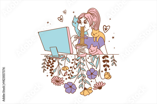 Cat T shirt Design, Anime, Girl Loves Anime And Ramen Cats