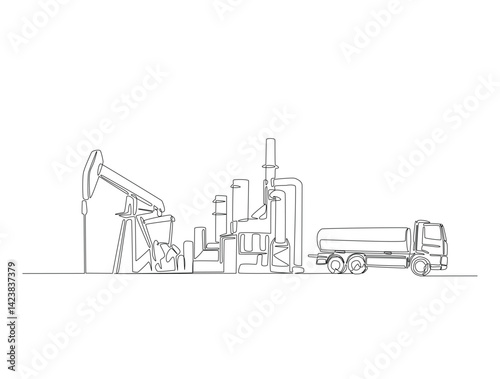 Continuous one line drawing of refinery plant oil pumpjack with tanker truck. Land oil drilling rig illustration. Editable vector.