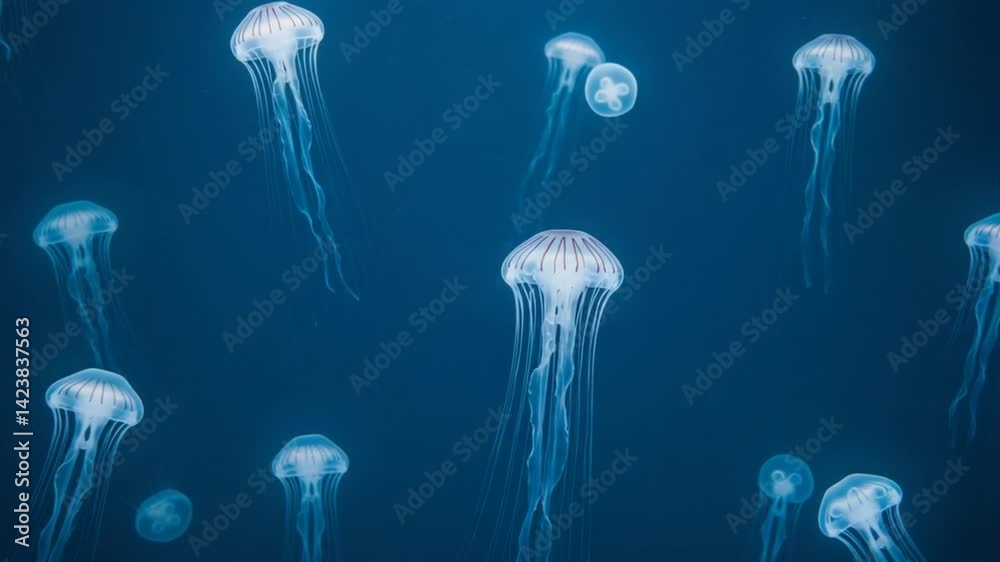 深海クラゲ幻想的群泳 青色神秘