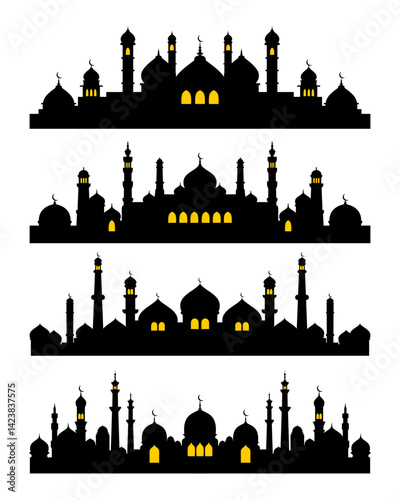 vector islamic mosque silhouette icon set
