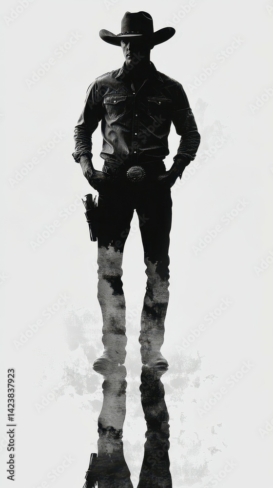 Fototapeta premium Cowboy silhouette standing confidently on reflective ground with monochrome background at sunset