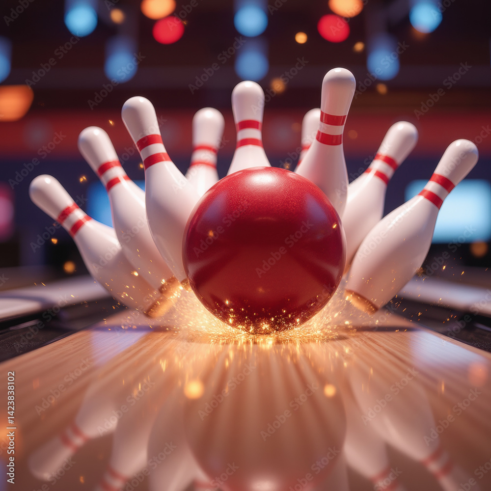 vibrant bowling scene featuring red bowling ball striking down white pins, creating dynamic explosion of sparks