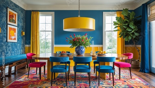 Eclectic dining room where vibrant colors blend with clean lines