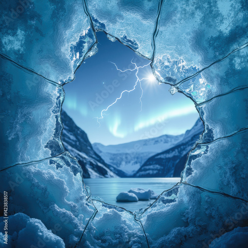 Obraz na płótnie stunning view through cracked ice formation reveals serene lake surrounded by mountains, illuminated by northern lights and lightning strike w salonie