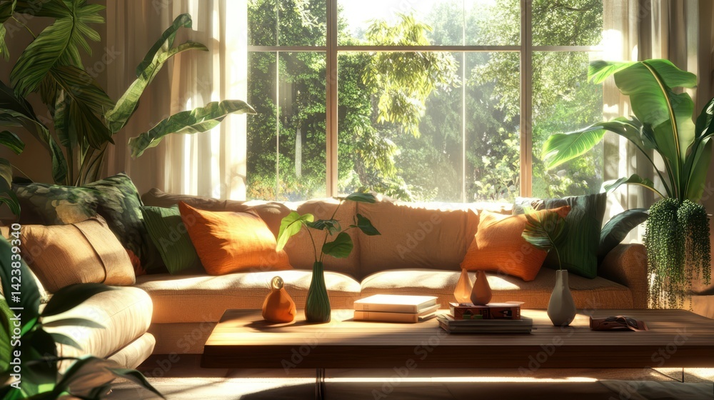 Fototapeta premium Bright living room with large windows, sheer curtains, and potted plants