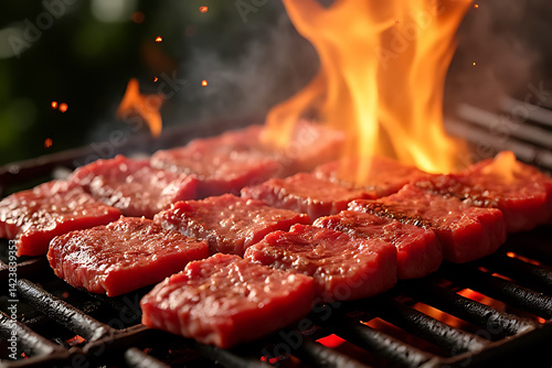 Grilling delicious meat over flames backyard food photography outdoor close-up culinary art