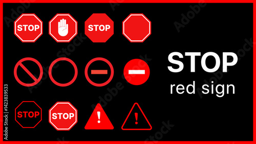 Caution warning signs set and Simple red stop roadsign with big hand symbol or icon vector illustration.
