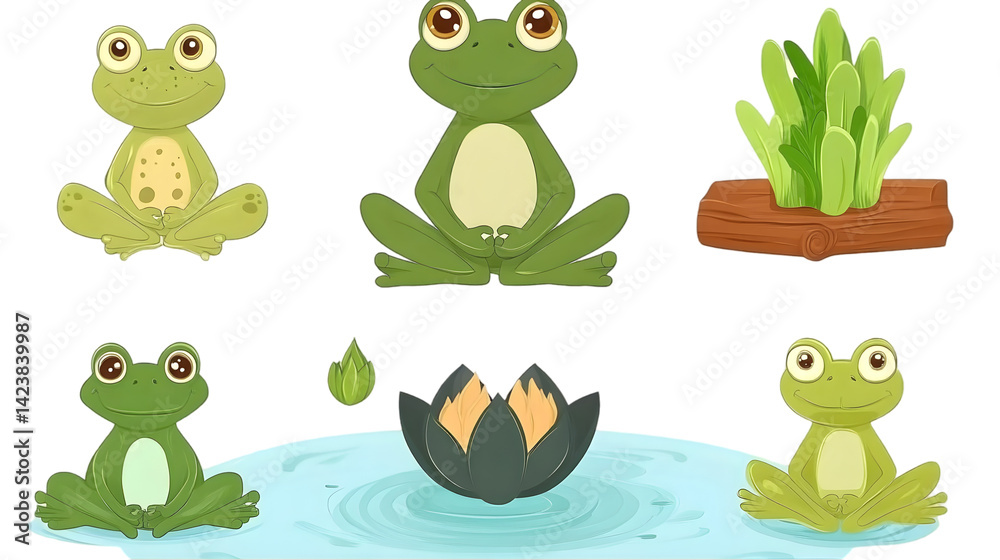 Fototapeta premium Cartoon Frogs in Various Poses with Transparent Background Illustration