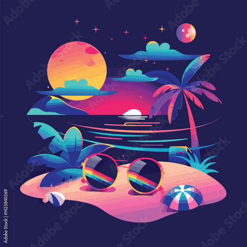 Neon Sunset Beach with Lounge Chair and Palm Tree Illustration