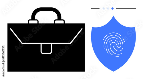 Black briefcase alongside blue shield featuring fingerprint. Ideal for cybersecurity, data protection, business, technology, privacy, authentication, simple landing page
