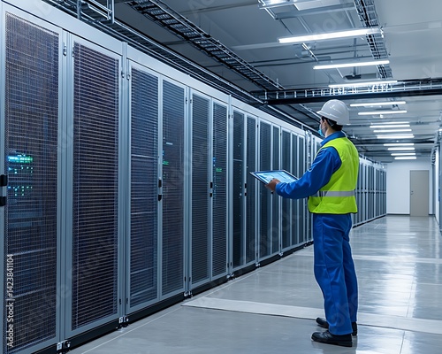 Technician wearing protective gear inspects a data center server room