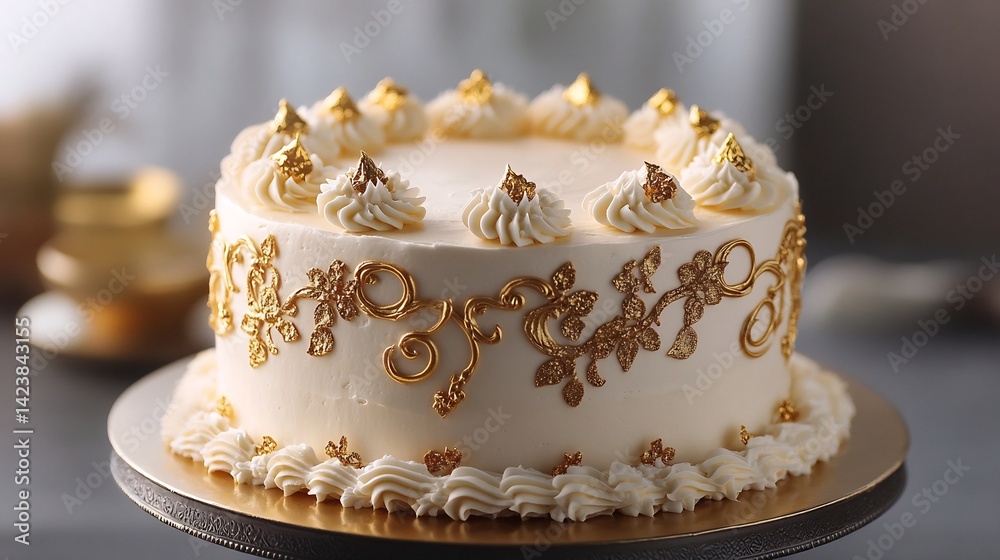 Fototapeta premium Birthday cake with gold decorations elegantly crafted with intricate icing patterns and aesthetic presentation