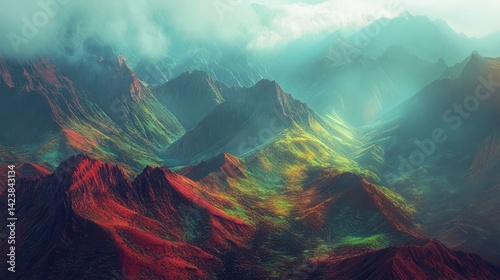 Colorful mountain range landscape, sunrise view, nature scene, scenic background, possible use for wallpaper or travel brochure