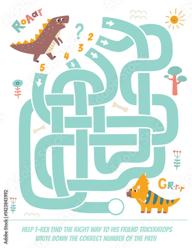 Pattern_roseDinosaur Maze Game for Kids T-Rex Logic Puzzle in Cute Cartoon Style. Vector illustration of a dinosaur-themed maze puzzle for children. Suitable for early learning, logic games, activity 