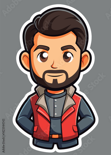 Friendly cartoon man in a red jacket.