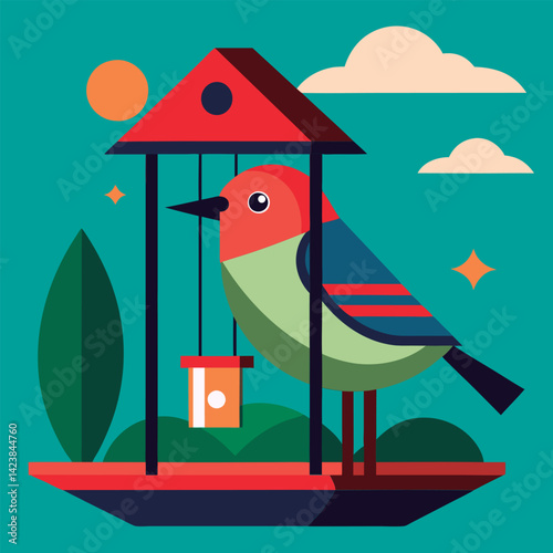 Colorful bird in a red birdhouse.