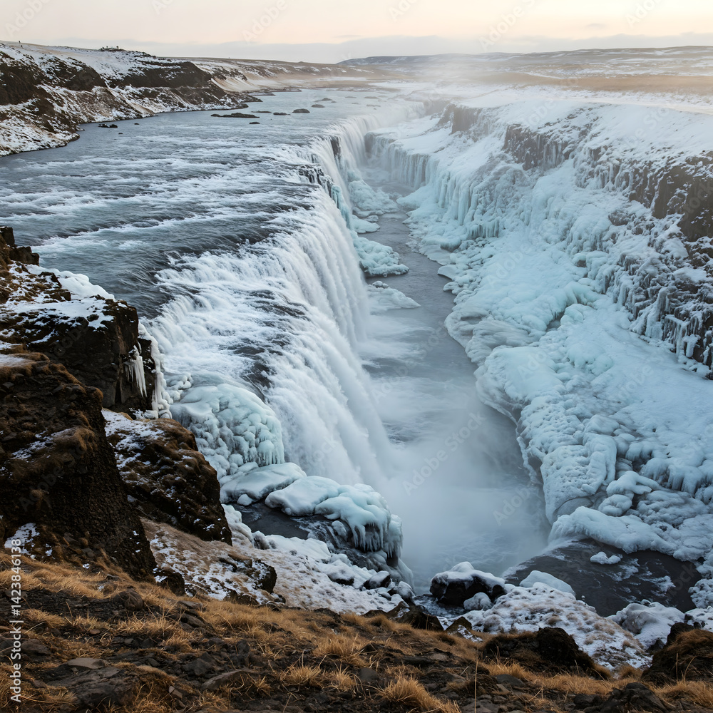 Icy waterfall cascades into a snowy gorge, mist rising in a cold, winter landscape Icy waterfall cascades into a snowy gorge, mist rising in a cold, winter landscape