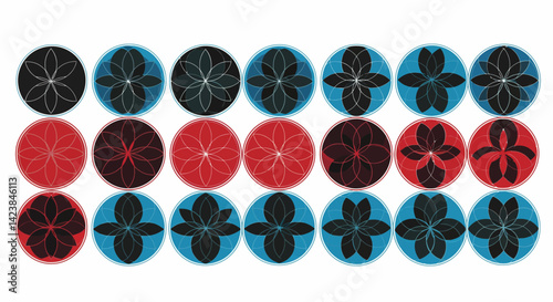Circular art featuring evolving stylized floral shapes within colored frames