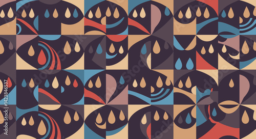 Repeating abstract geometric pattern of teardrops shapes and colors