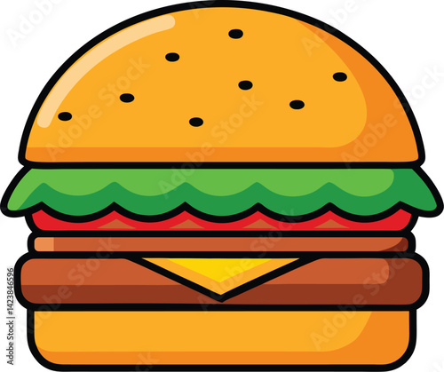 Cartoon Hamburger Vector Illustration with Vibrant Layers in Flat Minimalist Style