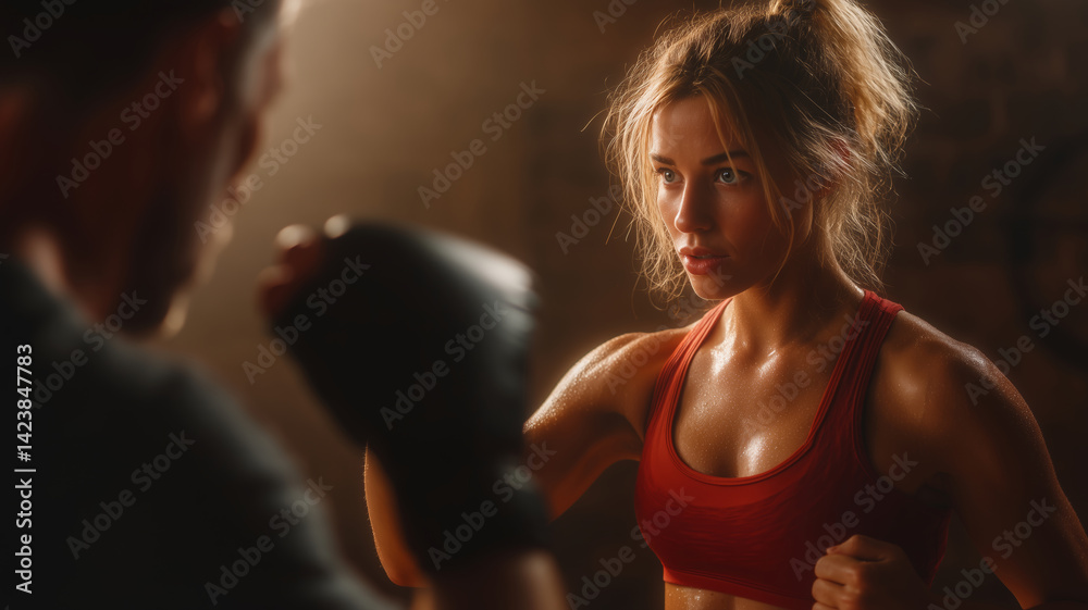 Fototapeta premium Boxing training session with an athletic woman in red shorts indoors