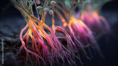 Abstract representation of nitrogen fixation processes within fava bean roots