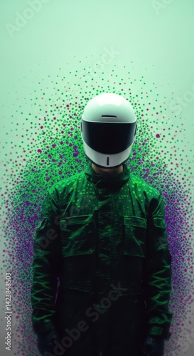 Mysterious figure in helmet and green suit with vibrant dotted background