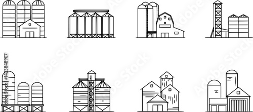 Various styles of storage buildings for grain displayed in a linear arrangement
