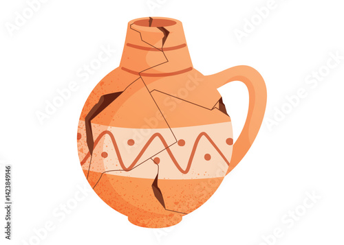 Cracked African clay pot with ethnic pattern. Broken tribal earthenware jar with damage and texture. Vector cartoon isolated illustration of traditional handmade pottery used in African heritage.