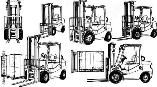 Forklifts performing various operations in a warehouse setting during daylight hours
