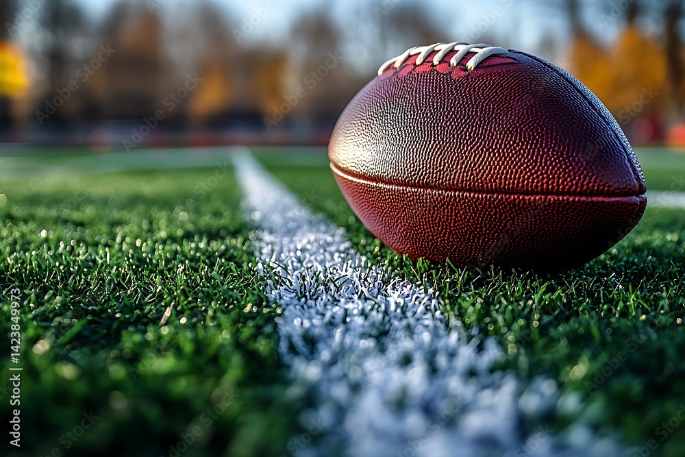 Obraz premium American football on field with white line and green grass close up