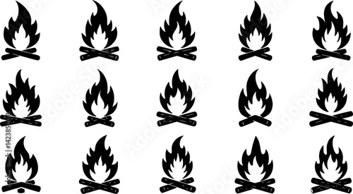 Creative set of vector minimalist line icons representing different styles of campfires
