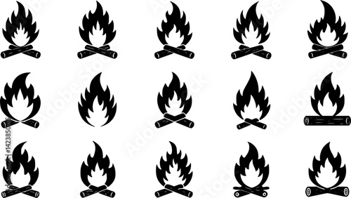 Creative set of vector minimalist line icons representing different styles of campfires

