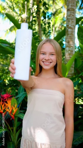 Radiant Serenity: A Young Woman Celebrates Natural Beauty with Skincare in a Tropical Paradise