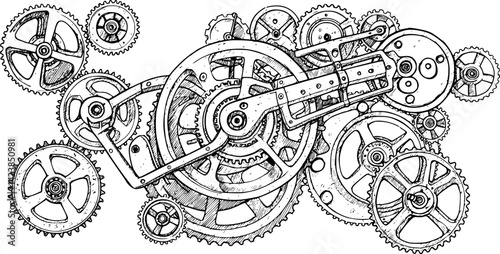Detailed hand-drawn vector illustration showcasing an intricate arrangement of mechanical gears and cogs in a compact design
