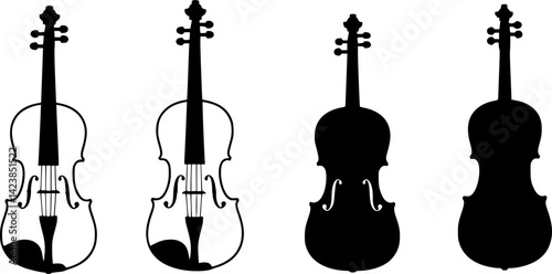 Different styles of violins displayed in black and white sketches illustrating their unique features and designs
