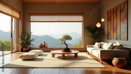 Vibrant japandi-inspired living room with surreal design elements and high fidelity cinematic aesthetic